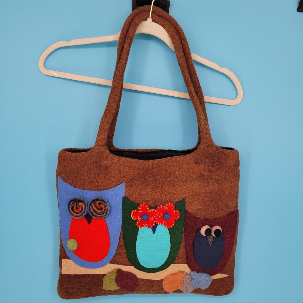 100% Wool Owl Tote Bag Womens Large Brown Boho Applique Handmade Nepal